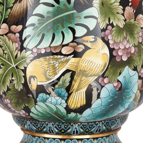 Pair of cloisonné enamel vases depicting exotic birds and parrots ...