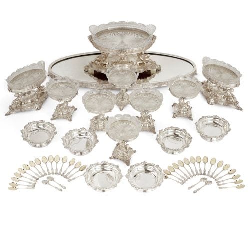 Victorian silver plated and cut glass table service by Elkington