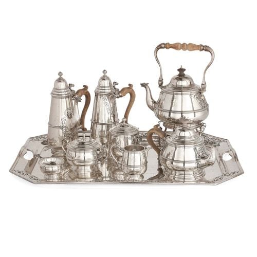 Nine-piece English silver tea and coffee service with tray