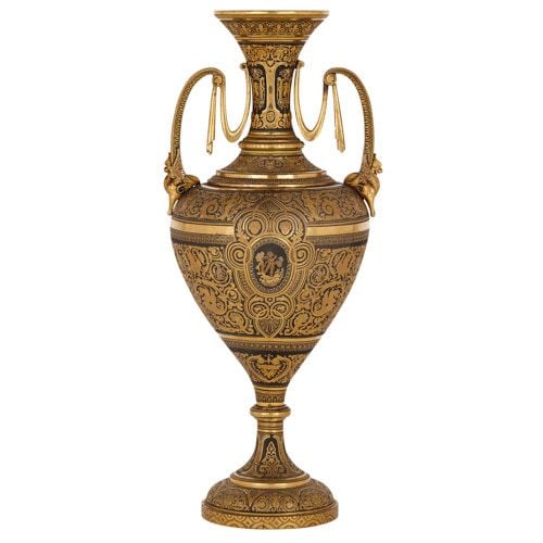 Spanish gold damascened forged iron urn
