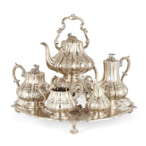 Silver tea and coffee matching set with tray, 19th Century