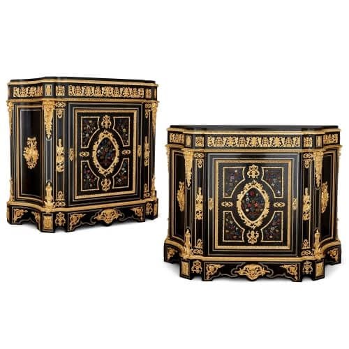 Pair of ormolu and hardstone mounted ebonised wood cabinets