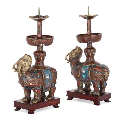 Pair of Chinese cloisonné enamel candlesticks