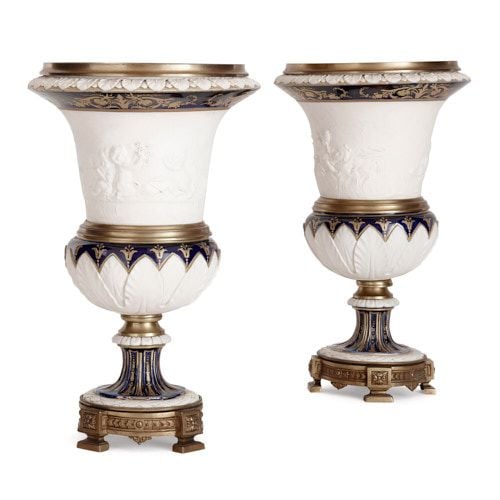 Pair of French ormolu mounted bisque porcelain vases