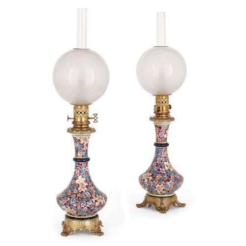 Pair of ormolu mounted faience Chinoiserie oil lamps