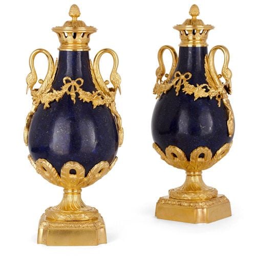 Pair of Empire style ormolu and lapis lazuli vases
