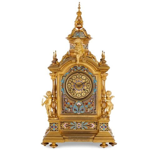 Renaissance style ormolu and champlevé enamel mantel clock