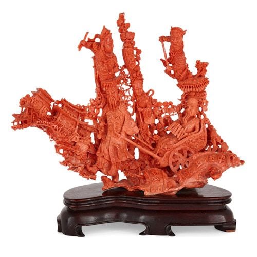 Exceptional Chinese carved red coral group