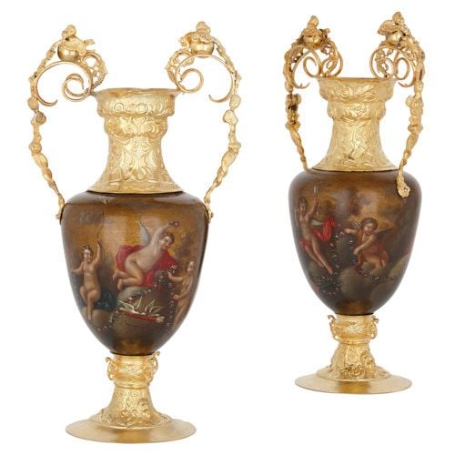 Pair of rare silver-gilt mounted vernis Martin vases