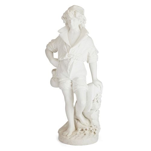 Large carved marble sculpture of a fisherboy by Bazzanti