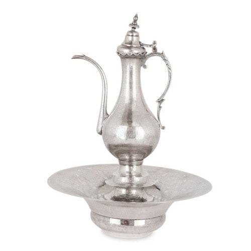 Ottoman engraved silver ewer and basin