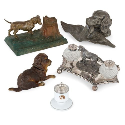 Collection of five dog-themed inkwells