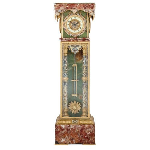 Ormolu and cloisonné enamel mounted green onyx pedestal clock