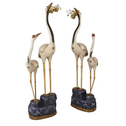 Pair of large Chinese cloisonné enamel double crane models