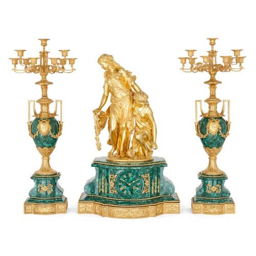 Large ormolu and malachite three-piece clock set by Picard