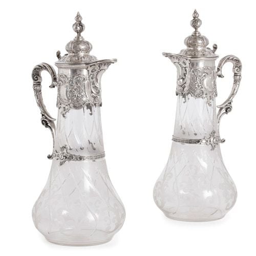 Pair of silver mounted glass claret jugs by Bruckmann & Söhne