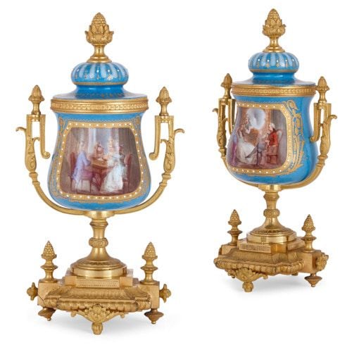 Pair of ormolu and Sèvres style porcelain vases