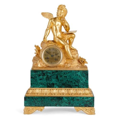 Charles X ormolu mounted malachite mantel clock