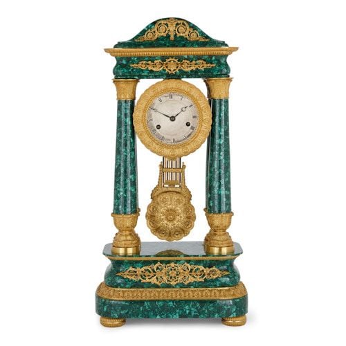 Restauration period ormolu and malachite mantel clock