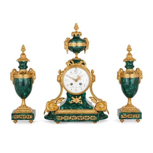 Louis XVI style ormolu and malachite three-piece clock set