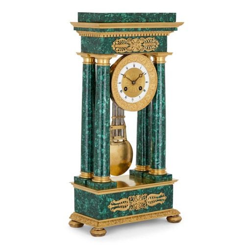 Empire period ormolu and malachite mantel clock