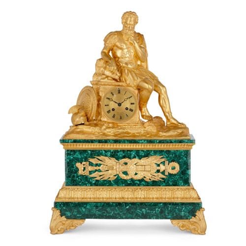 Charles X period malachite and ormolu mantel clock by Viteau