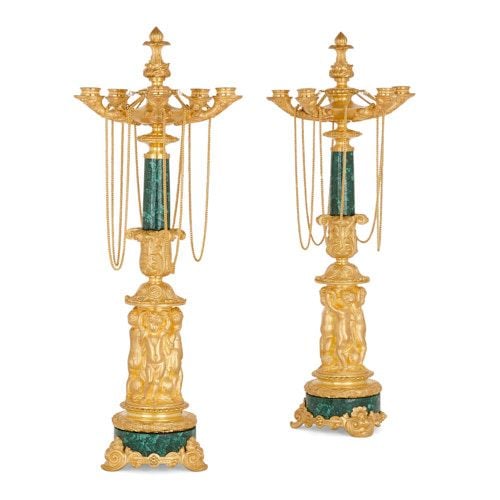 Pair of Charles X period malachite and ormolu candelabra