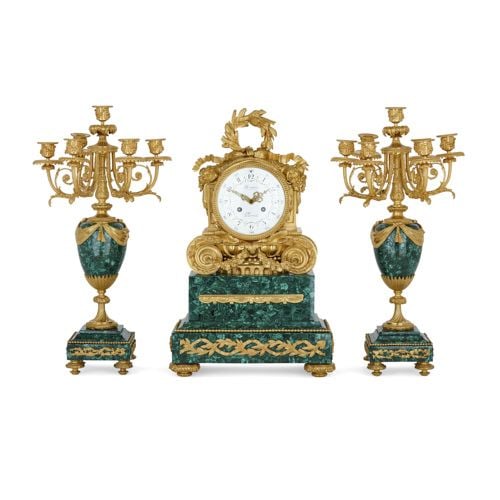 Neoclassical style malachite three-piece clock set by Denière