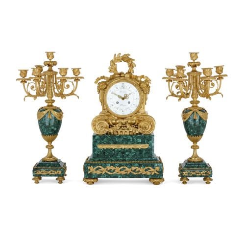 Neoclassical style malachite three-piece clock set by Denière