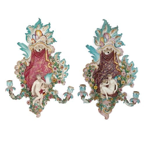 Pair of Meissen porcelain Rococo style two-light wall lights