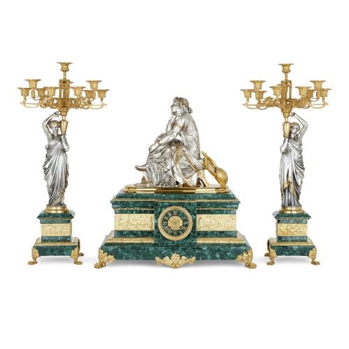 Silvered and gilt bronze malachite clock set by Schoenewerk