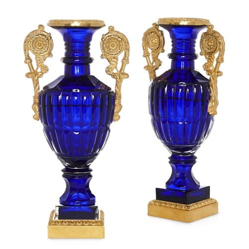 Pair of Russian Neoclassical style ormolu and blue glass vases