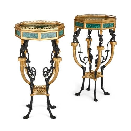 Pair of Empire style ormolu mounted malachite guéridons