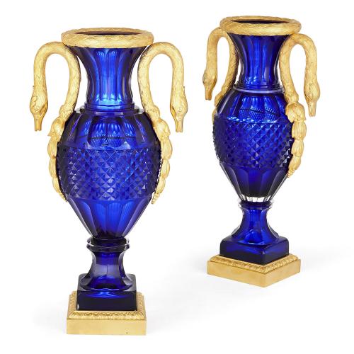 Pair of Russian Neoclassical style ormolu mounted glass vases