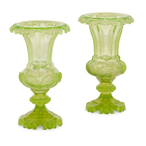 Pair of Bohemian campana-form green cut glass vases