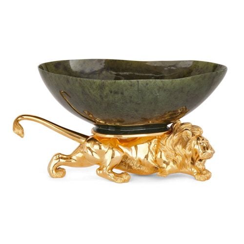 Nephrite and silver-gilt figurative 'lion' centrepiece bowl