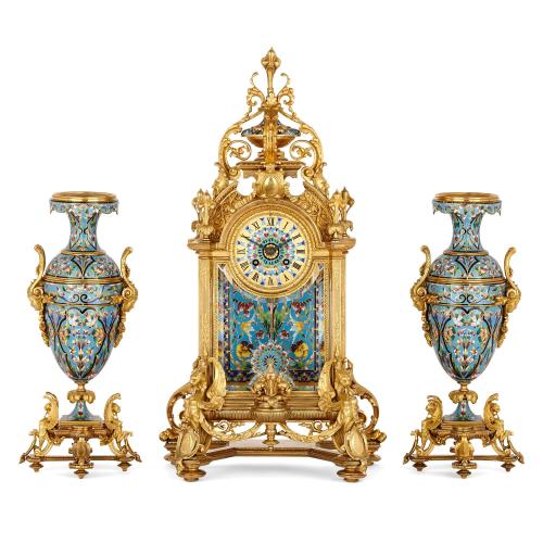 Large and Very Fine Ormolu and Cloisonné Enamel French clock set