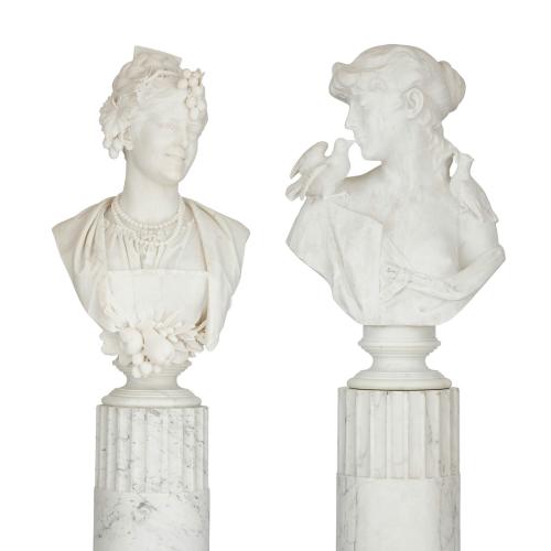 Pair of Italian marble busts on pedestals by Fazzi
