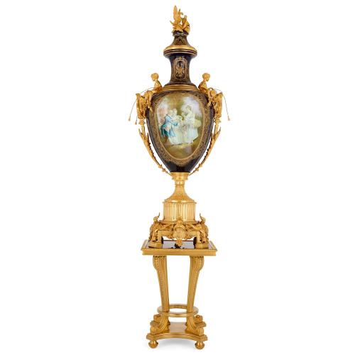 Large Sèvres style ormolu mounted porcelain vase with pedestal