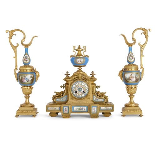 Louis XV style ormolu and Sèvres style porcelain clock set