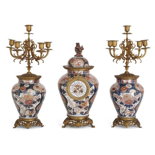 Japanese Imari porcelain and French ormolu clock set