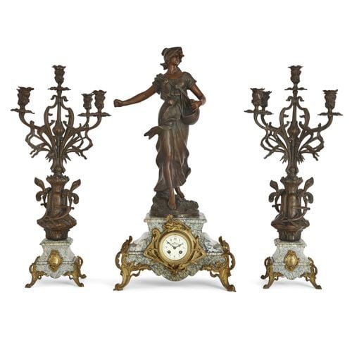 French marble and spelter three-piece clock set after Moreau