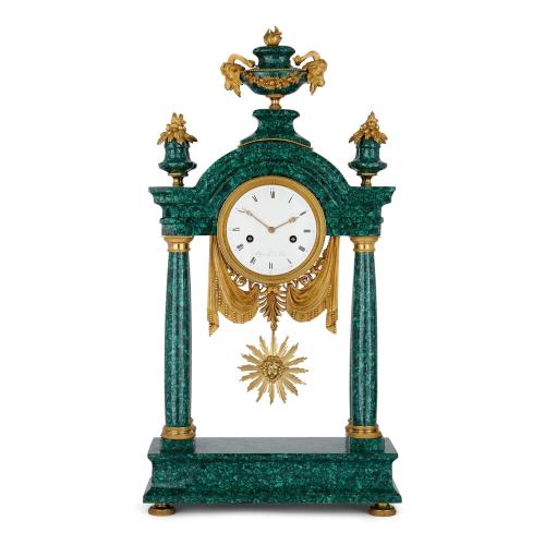 Louis XVI period ormolu and malachite mantel clock