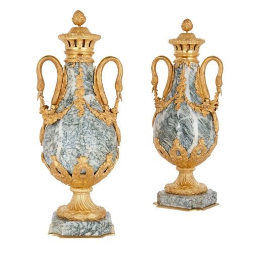 Pair of Empire style ormolu mounted grey marble vases