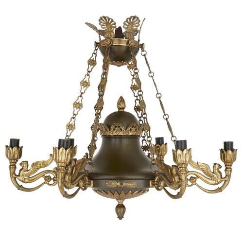 Empire style ormolu and metal six-light chandelier