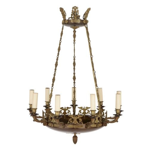 French Empire style ormolu and metal nine-light chandelier