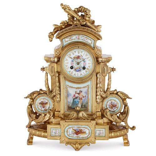 French Louis XV style ormolu and porcelain mantel clock