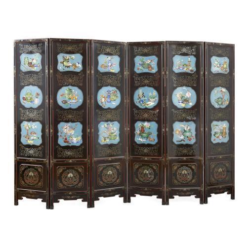 Large Chinese cloisonné enamel mounted lacquered screen