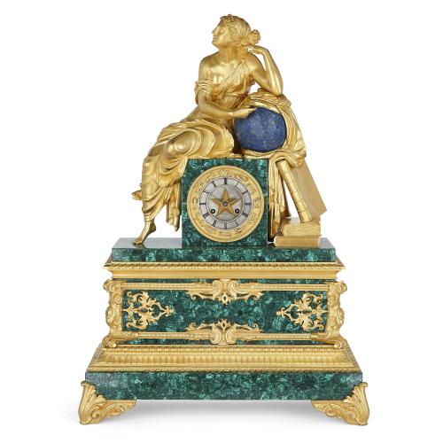 Large Charles X period malachite and ormolu mantel clock