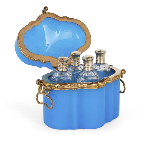 French blue opaline glass perfume casket set